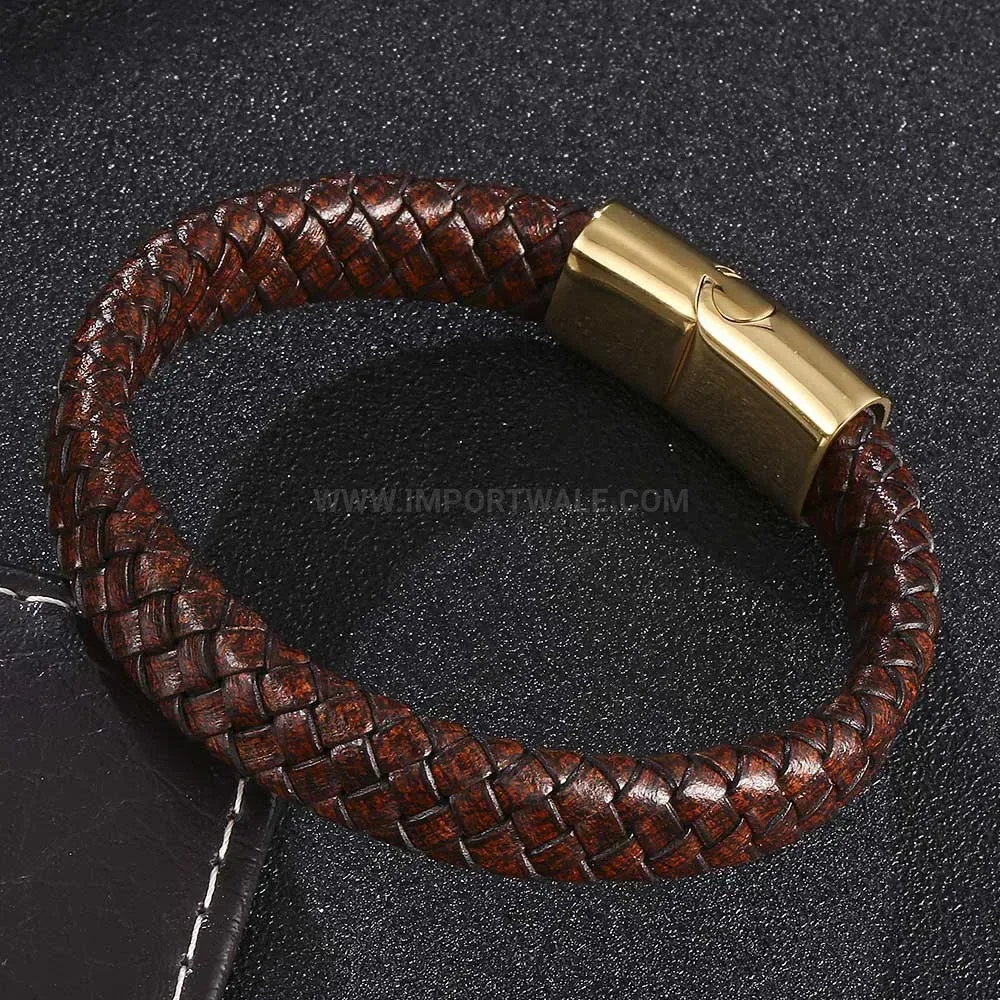 Vintage Woven Leather Stainless Steel Magnetic Clasp Bracelet
