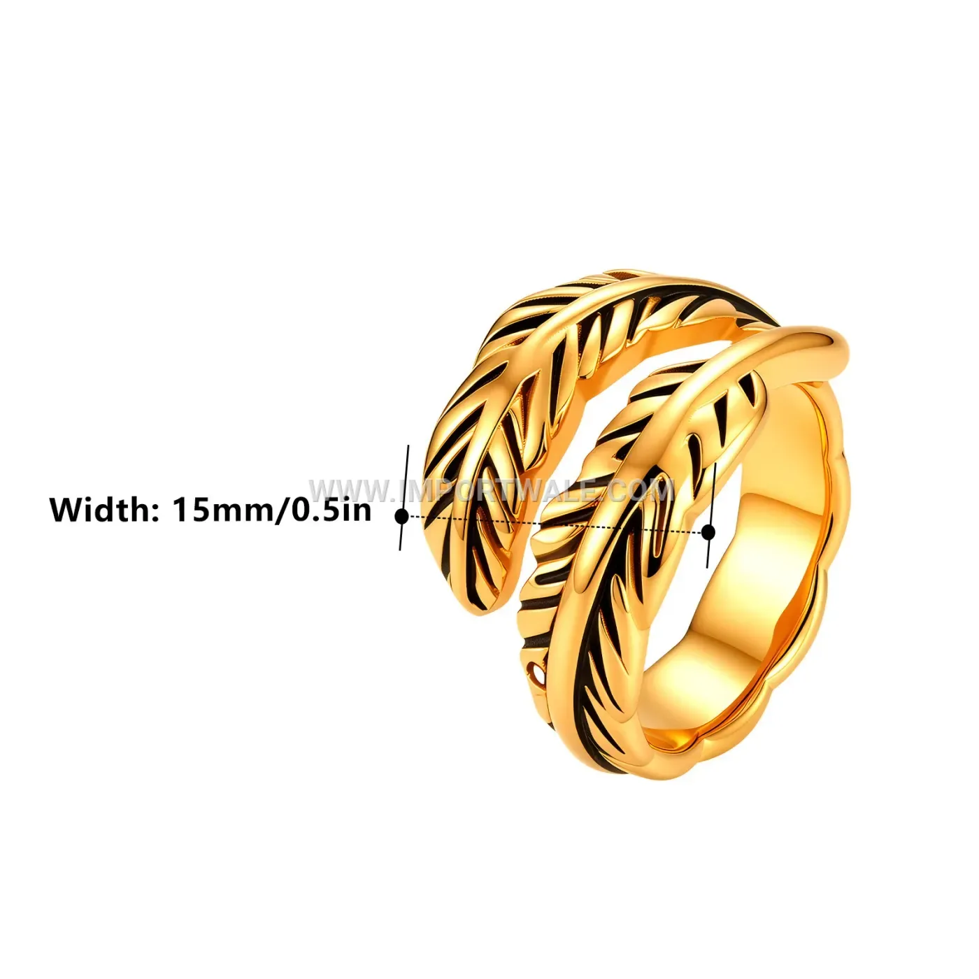 Vintage Feather Carved Stainless Steel Adjustable Open Ring
