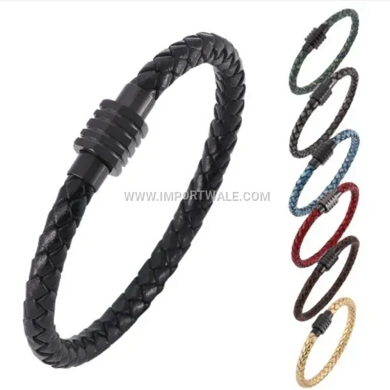 Woven Leather Magnetic Stainless Steel Bracelet for Men