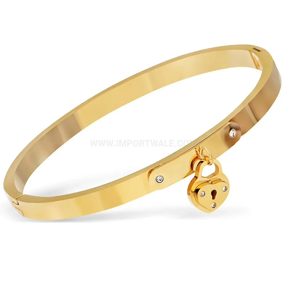 Bold Stainless Steel Rhinestone Heart Lock Bangle Bracelet