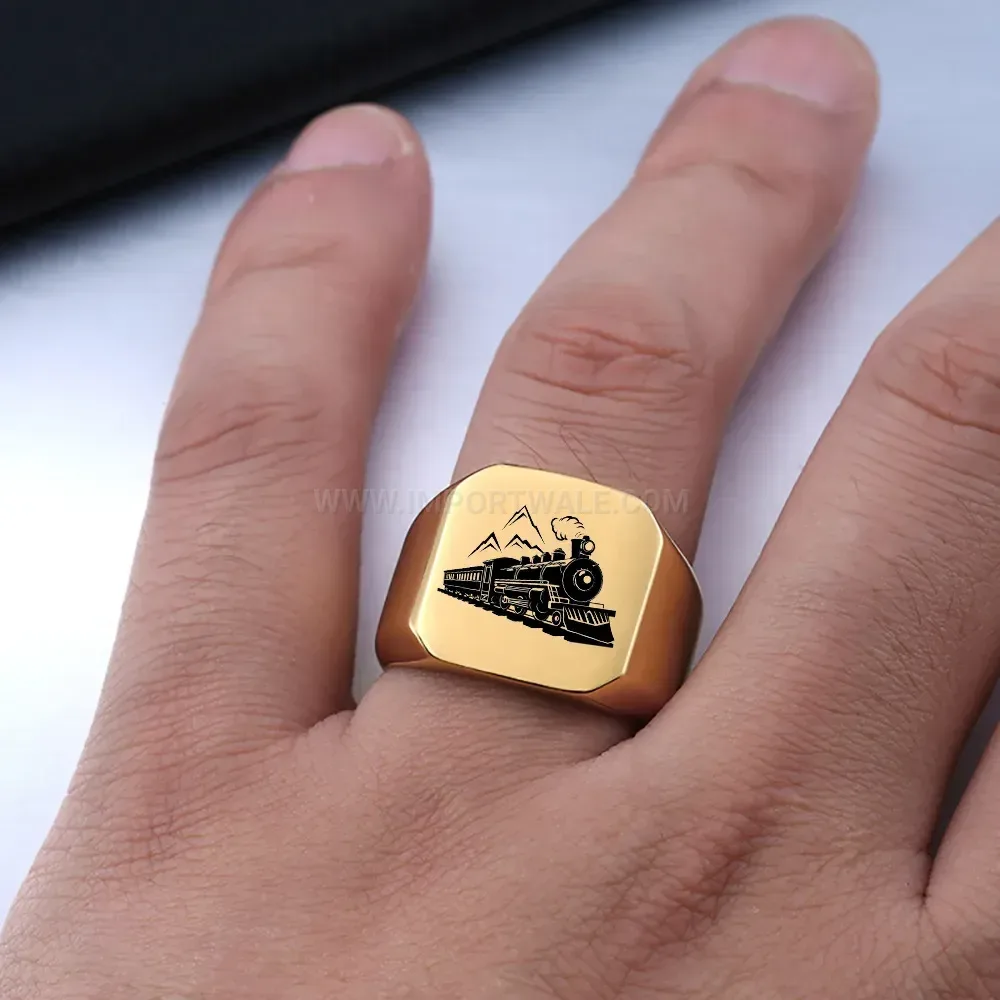 Elegant Engraved Train Motif Square Stainless Steel Signet Ring