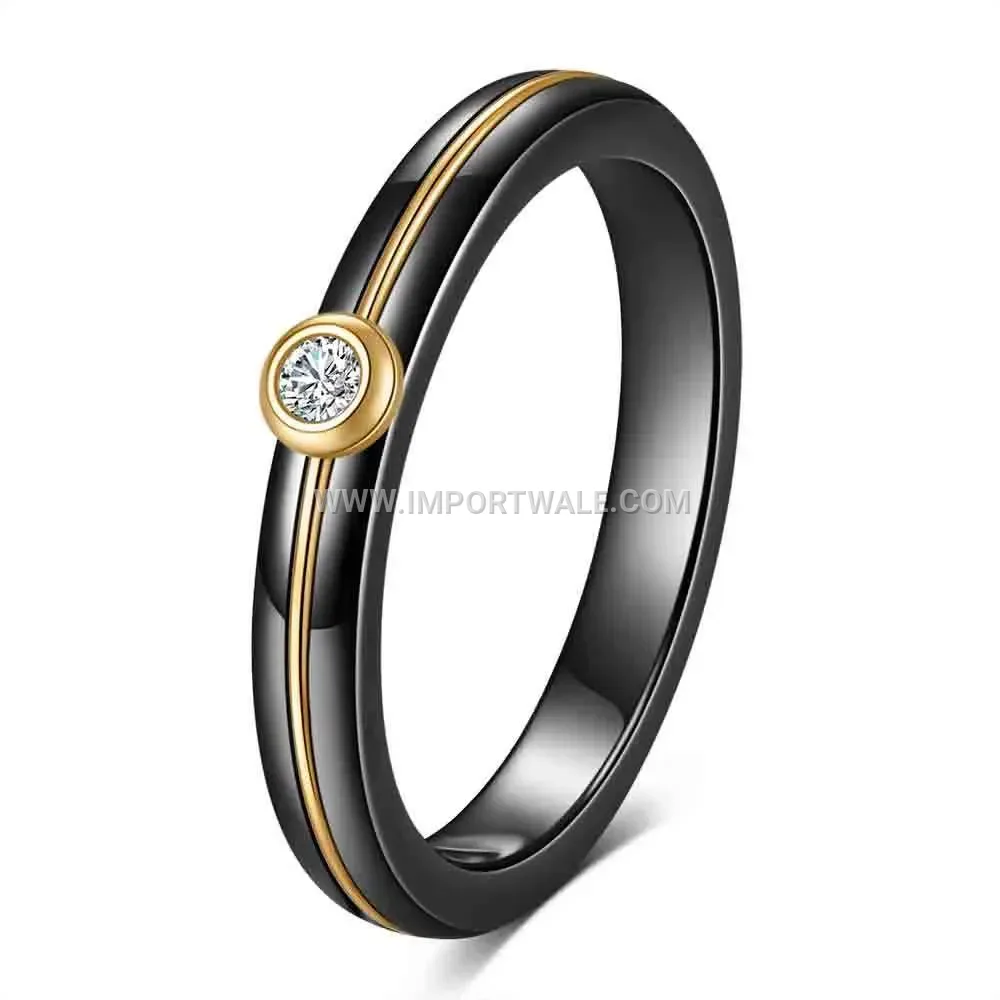 Stainless Steel and Ceramic Rhinestone Inlaid Ring