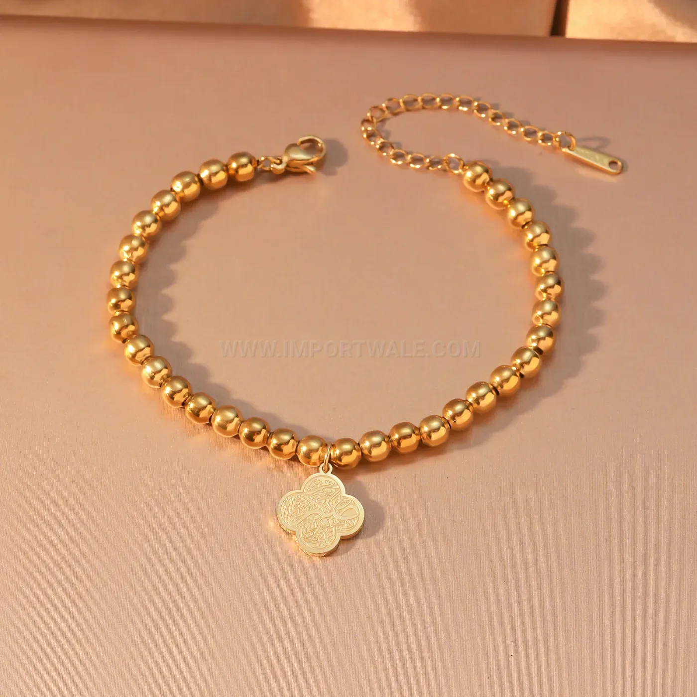 Islamic Ayatul Kursi Stainless Steel Beaded Clover Charm Bracelet