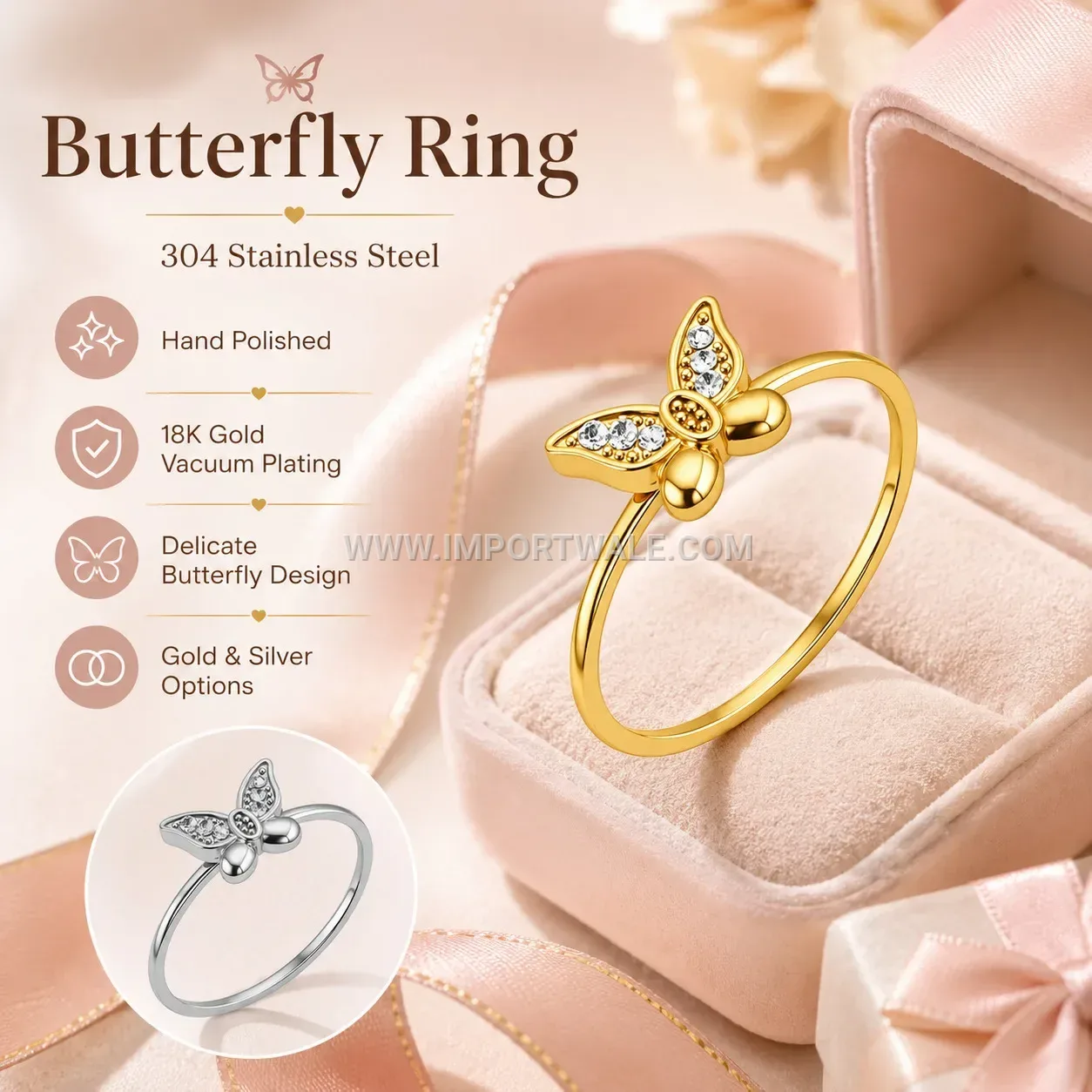 Butterfly Zircon 18K Gold Plated Stainless Steel Statement Ring