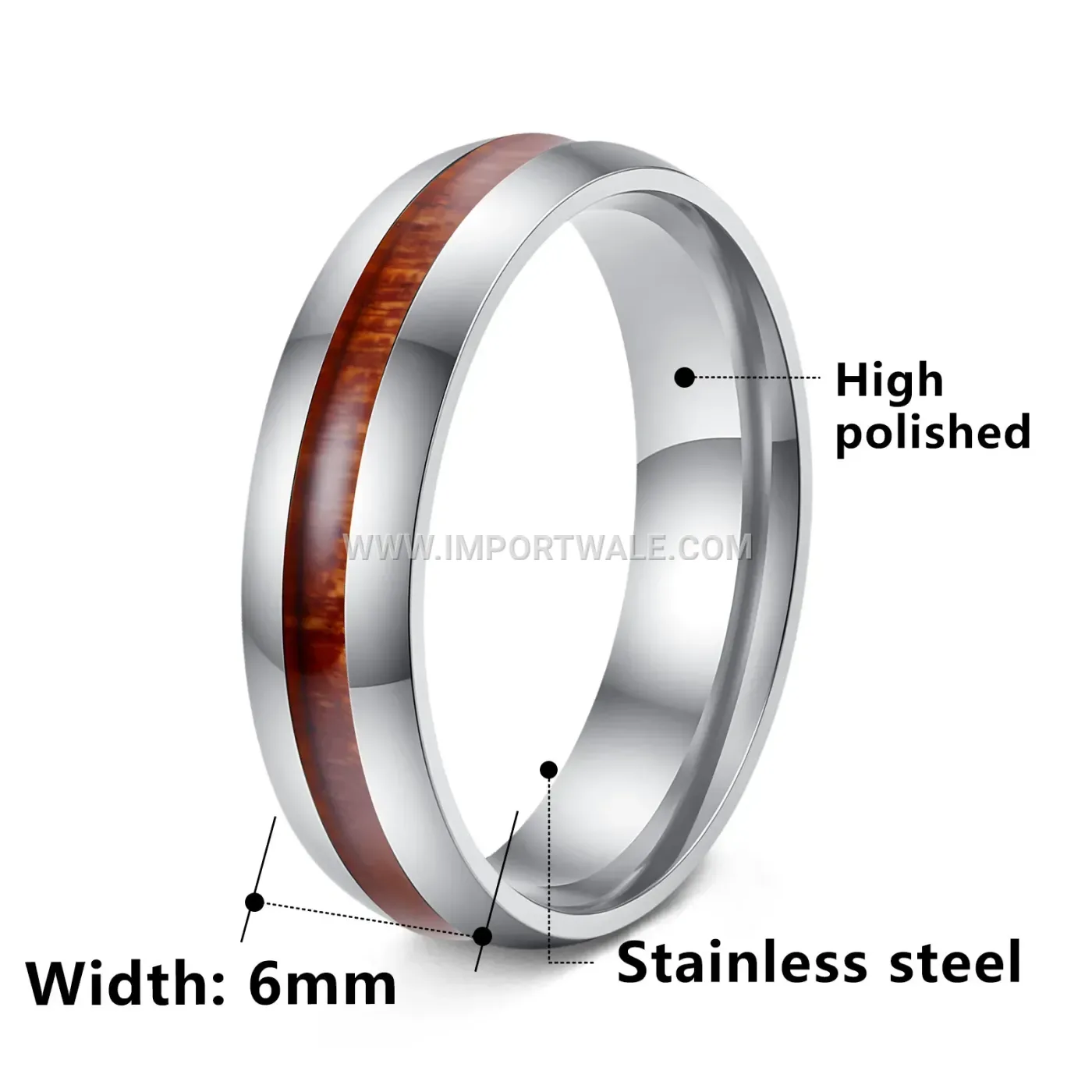 Stainless Steel Curved Wood Grain Inlay 6mm Ring