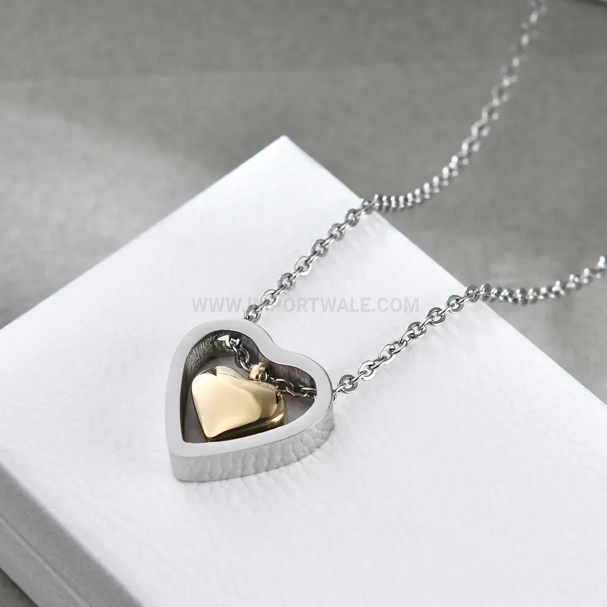 Stainless Steel Layered Cutout Double Heart Pendant Necklace