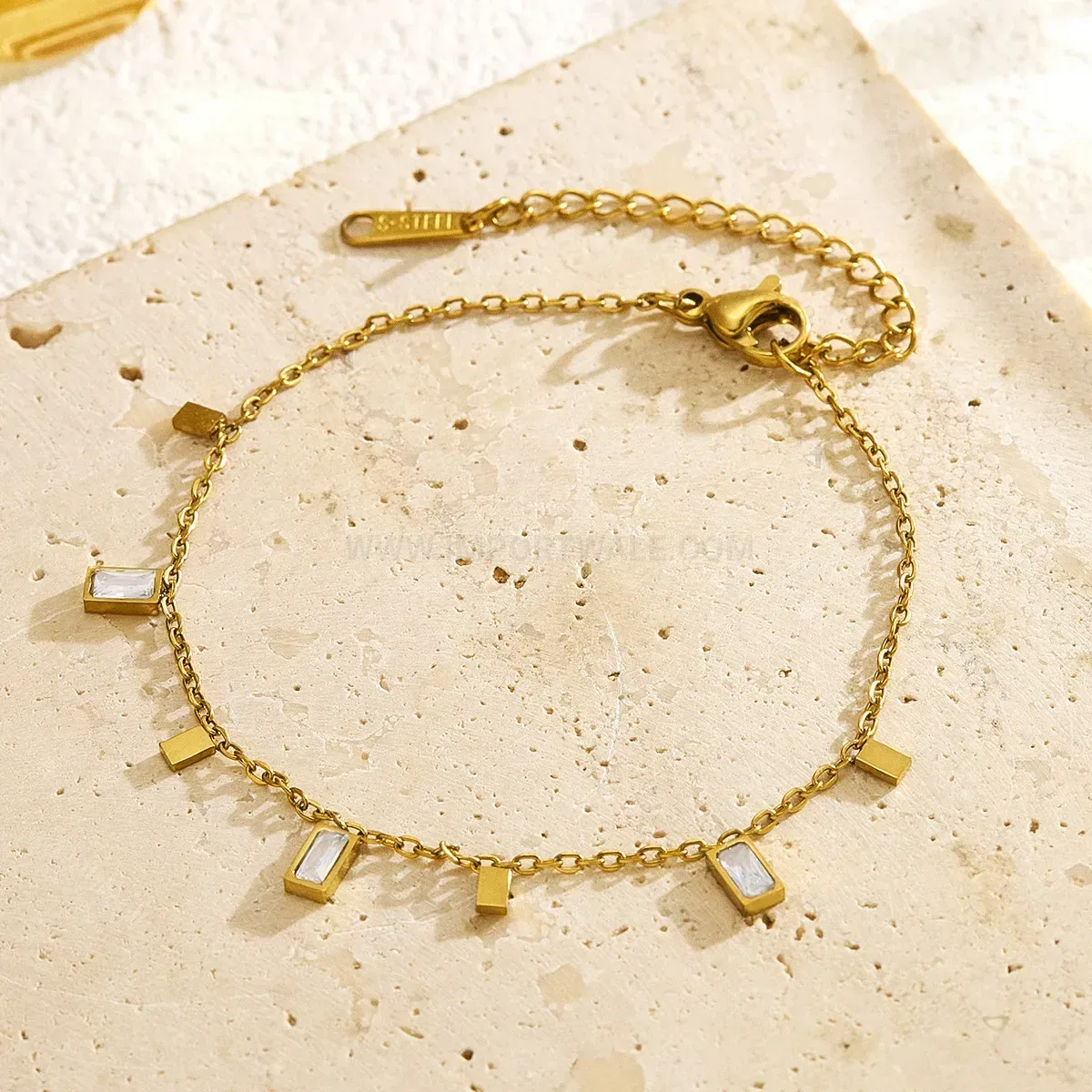 Gold Plated Stainless Steel Square Crystal Charm Bracelet