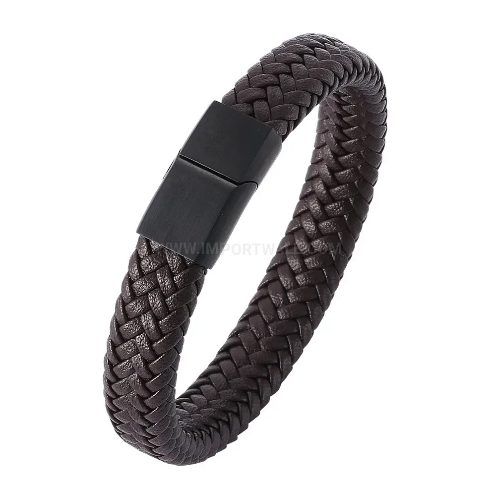 Braided Leather Cuff Bracelet with Sleek Stainless Steel Accents