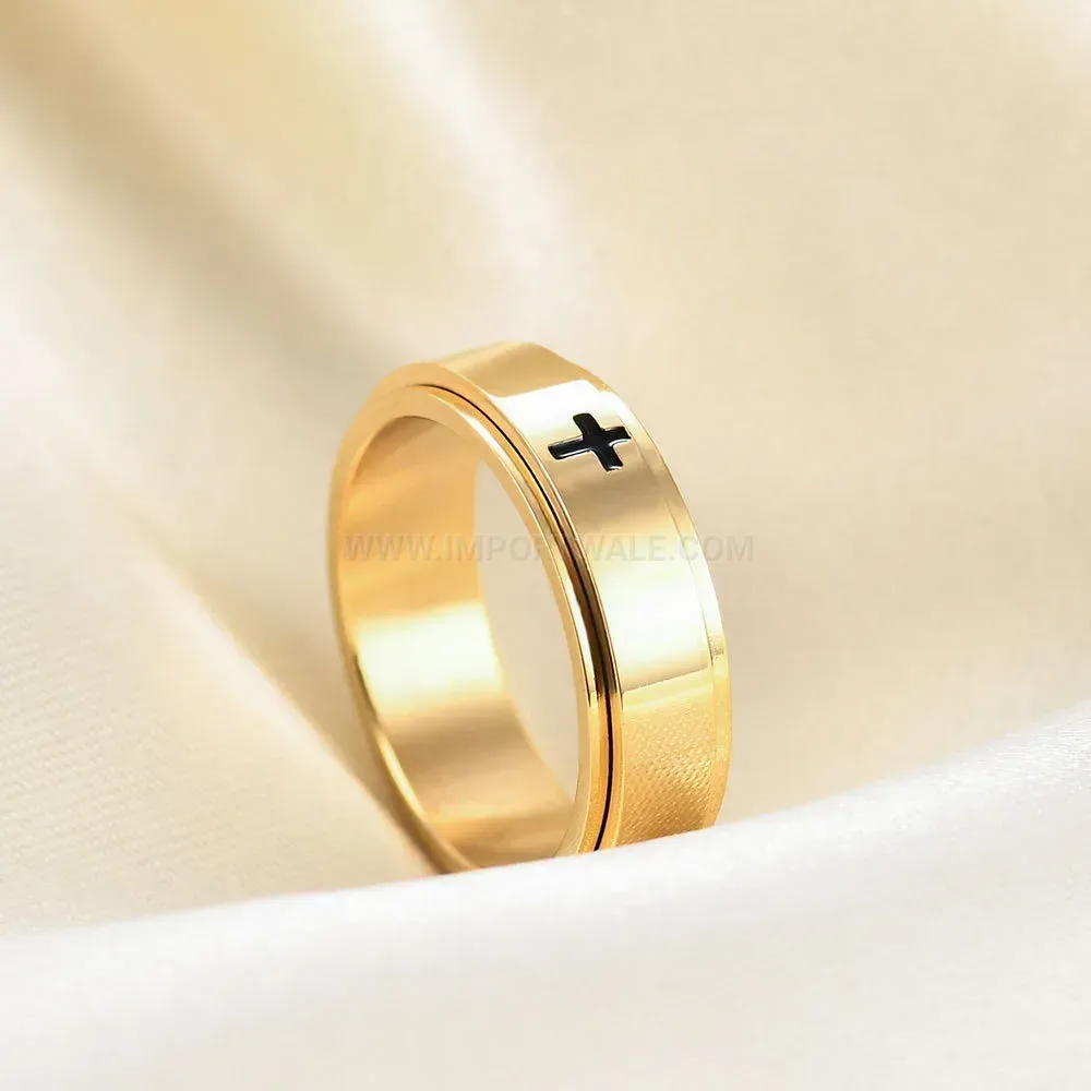 Polished Cross Engraved Stainless Steel Spinner Band Ring