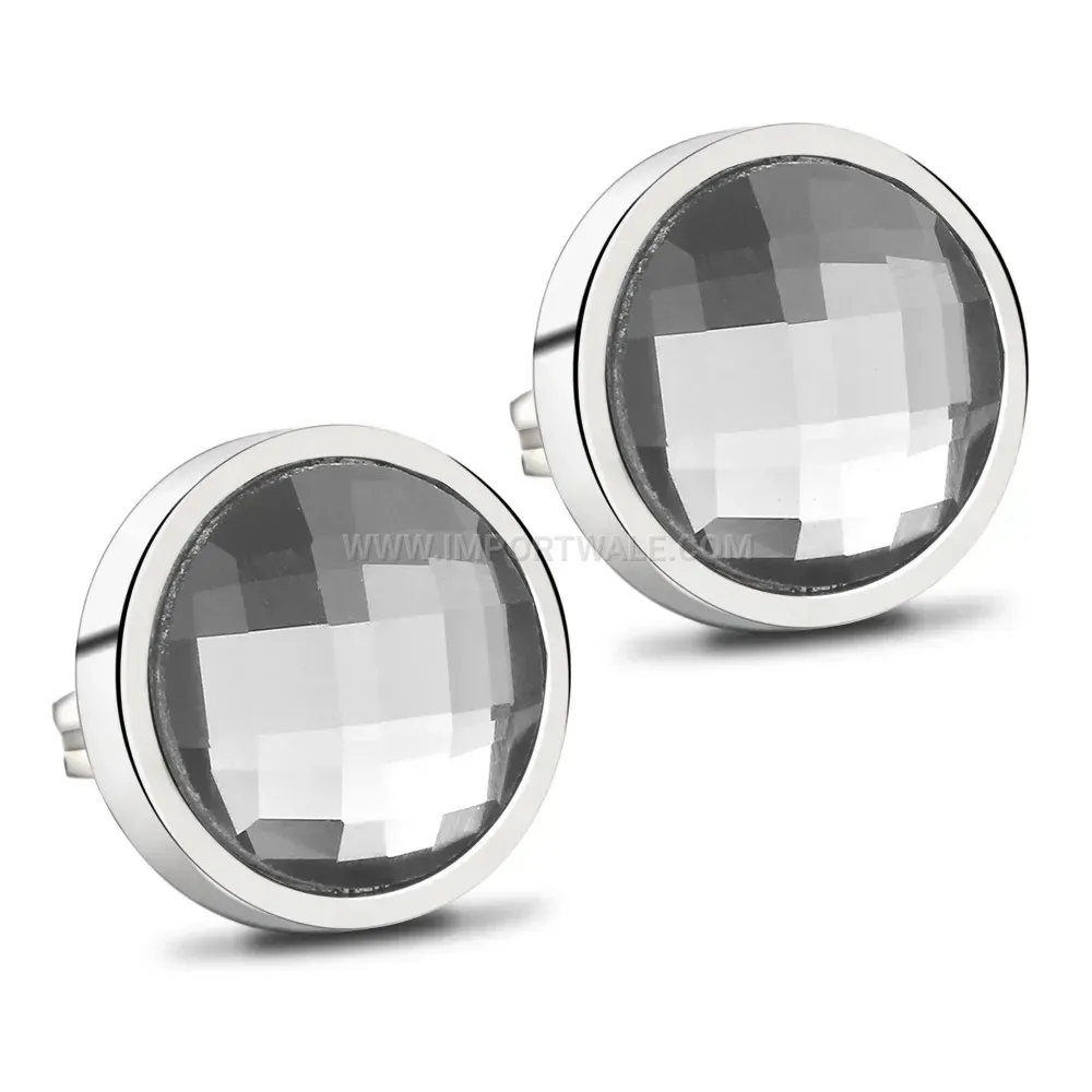 Faceted Round Glass Stainless Steel Stud Earrings