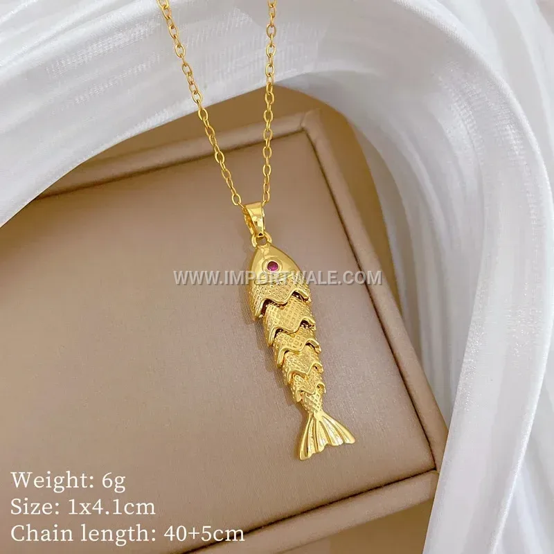 Vintage 18K Gold Plated Stainless Steel Goldfish Pendant Zircon Necklace