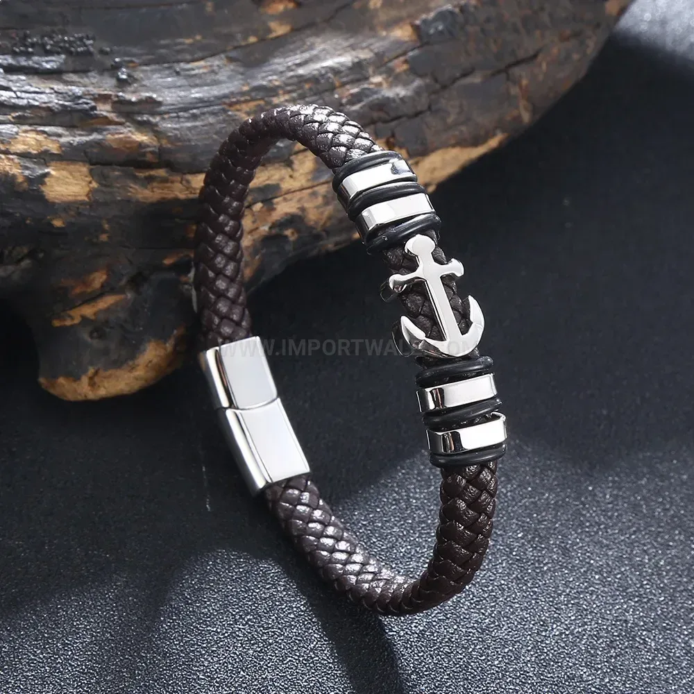 Woven Leather Band with Steel Clasp Accent