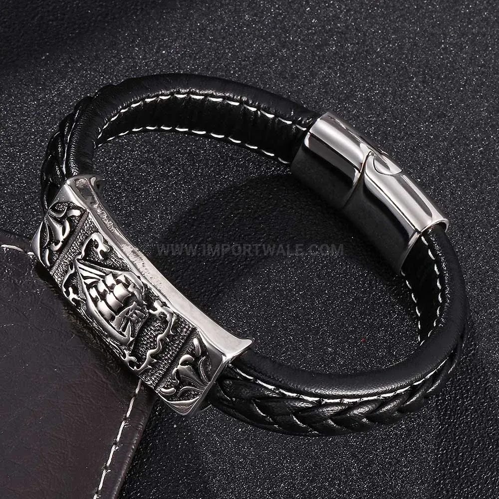 Modern Braided Black Leather Bracelet with Stainless Steel Anchor Magnetic Clasp