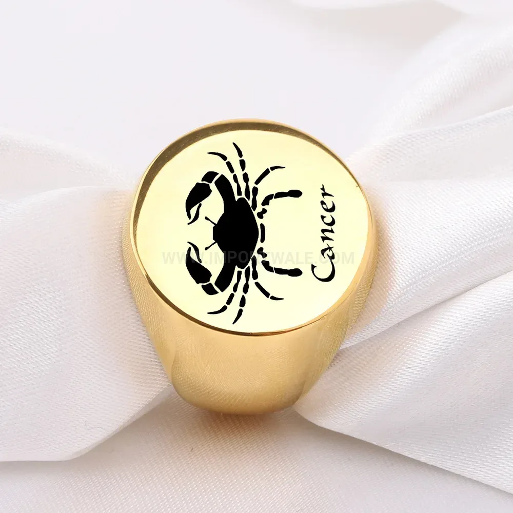 Designer Polished Stainless Steel Round Crab Motif Signet Ring