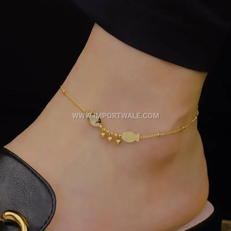Gold Stainless Steel Fish Charm Bead Anklet