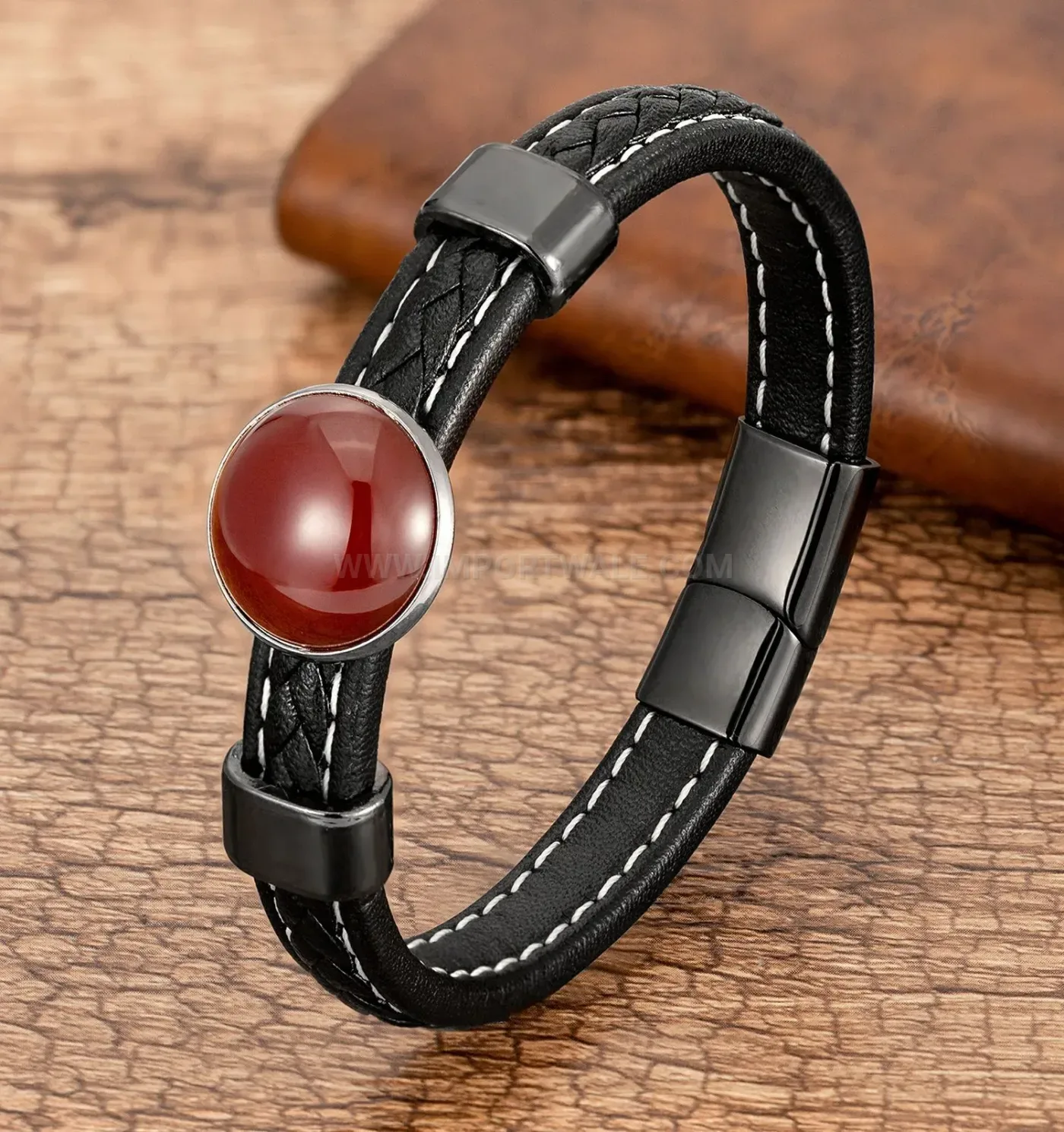 Handcrafted Woven Leather Bracelet with Natural Stone and Stainless Steel Clasp