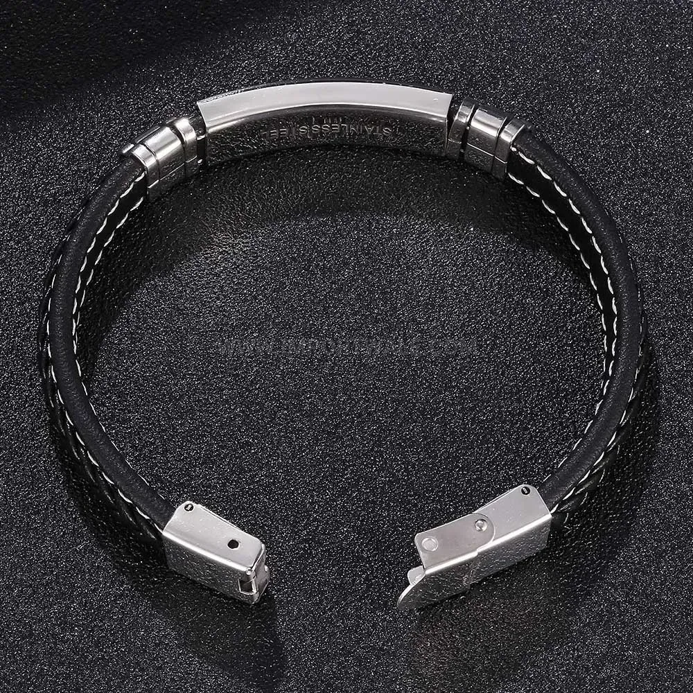 Polished Stainless Steel Minimalist Black Leather Strap Bracelet