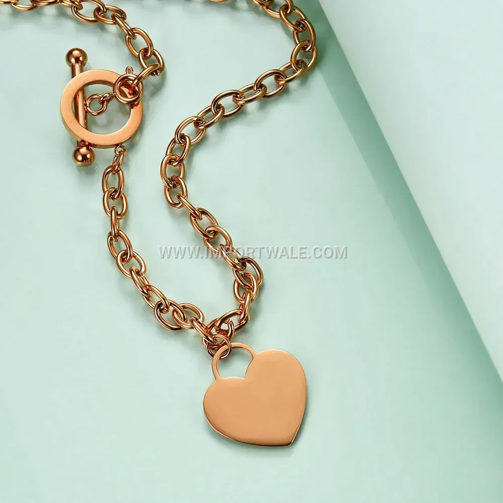 Rose Gold Plated Laser Engraved Initial Heart Toggle Chain Necklace
