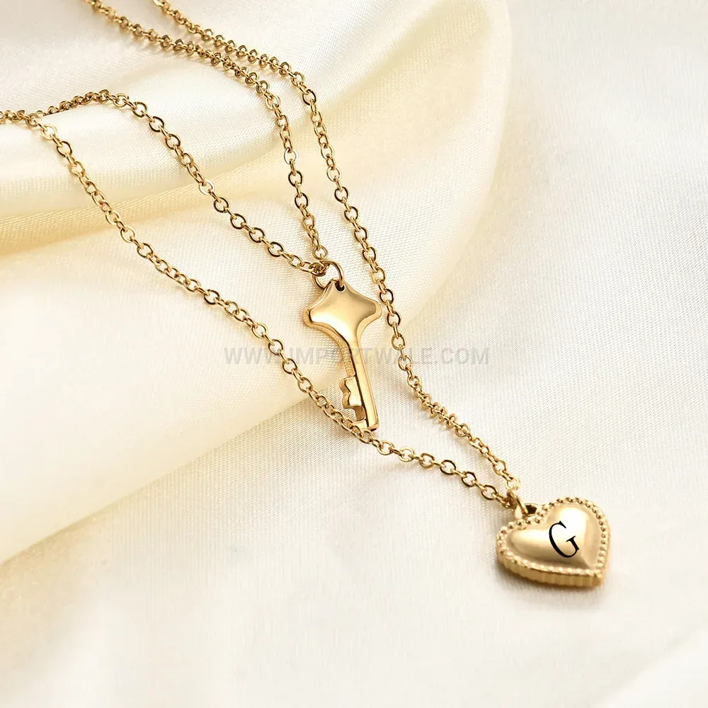 Titanium Steel Initial Letter Key and Heart Pendant Choker Necklace