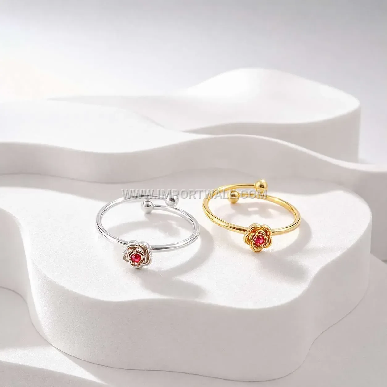 Adjustable Rose Red Crystal Stainless Steel Open Ring