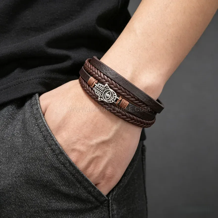 Bold Woven Leather Evil Eye Charm Bracelet with Magnetic Clasp