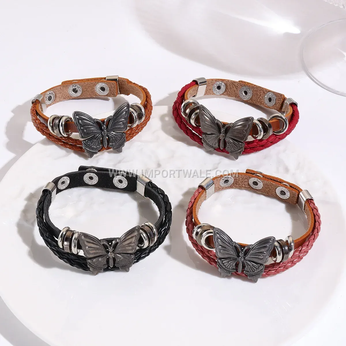 Vintage Dark Style Butterfly Charm Leather Bracelet