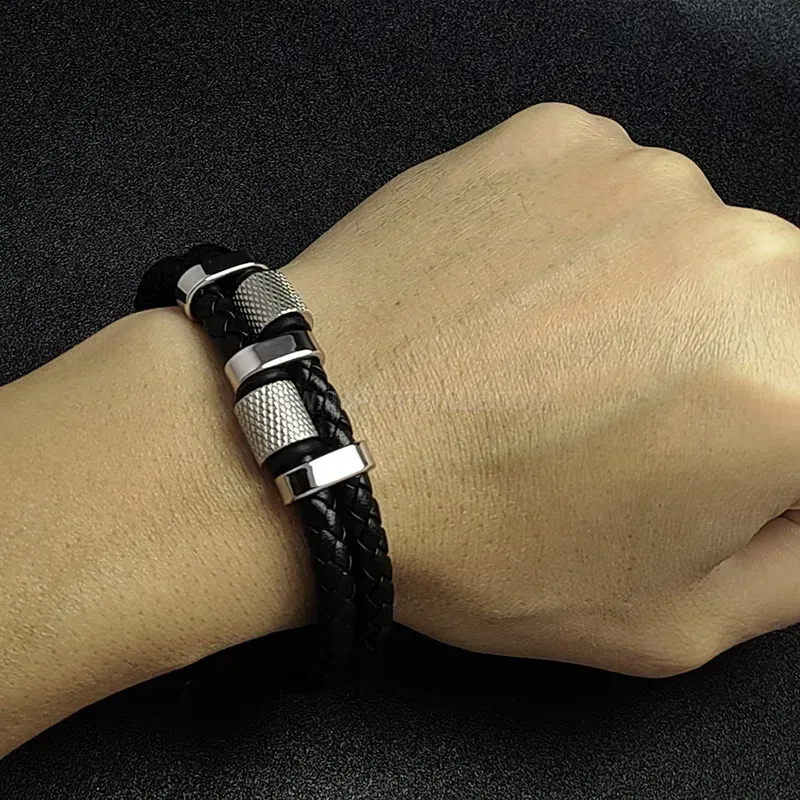 Classic Woven Leather and Stainless Steel Beaded Statement Men Bracelet