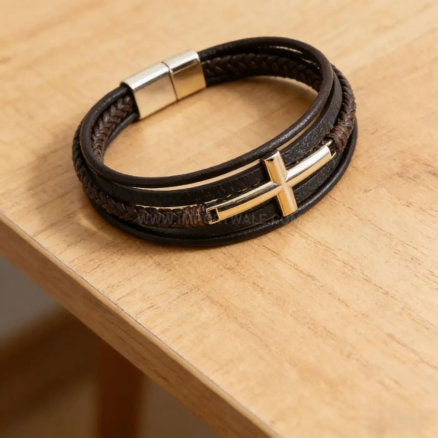 Bold Multi Layer Woven Leather Cross Bracelet With Alloy Clasp