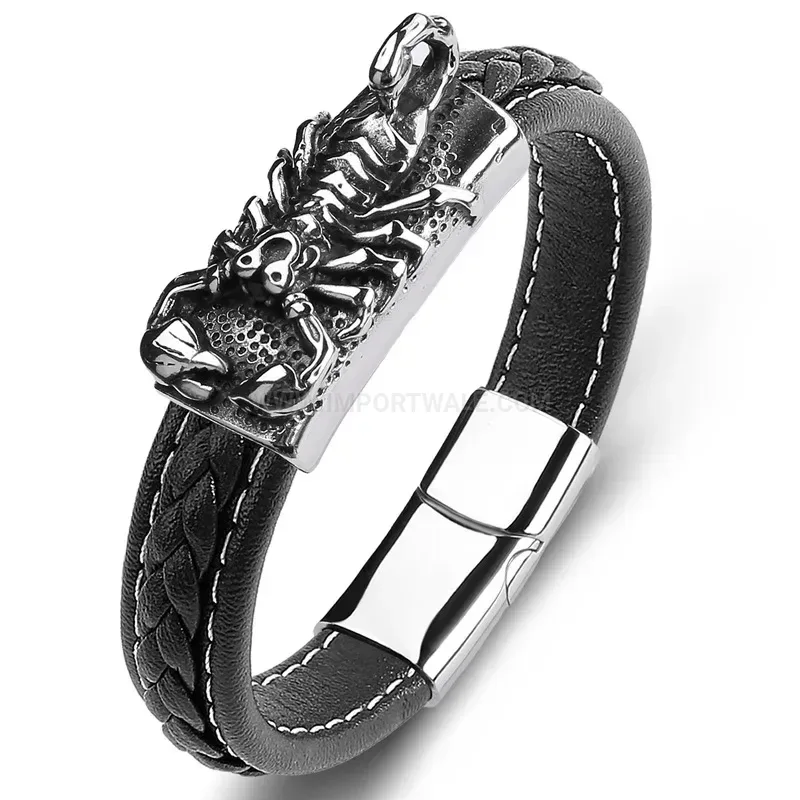 Scorpion Motif Genuine Leather Stainless Steel Men Bracelet