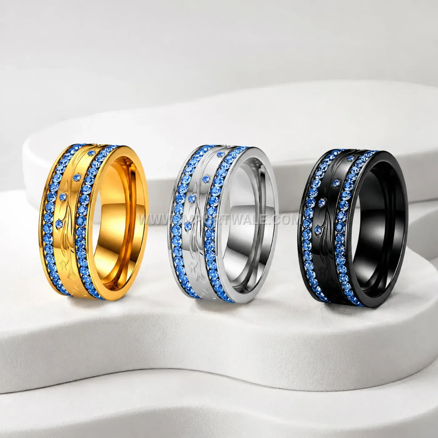 Carved Stainless Steel Band with Double Crystal Row