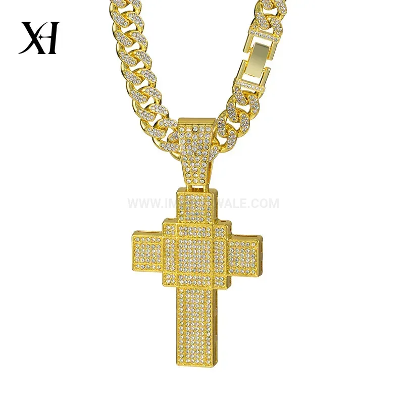 Bold Crystal Encrusted Cross Pendant Heavy Cuban Chain Necklace