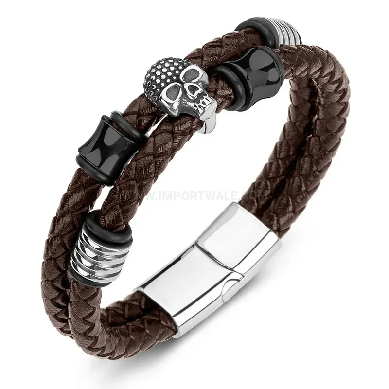 Stylish Dual-Strand Leather Skull Bracelet with Stainless Steel Accents