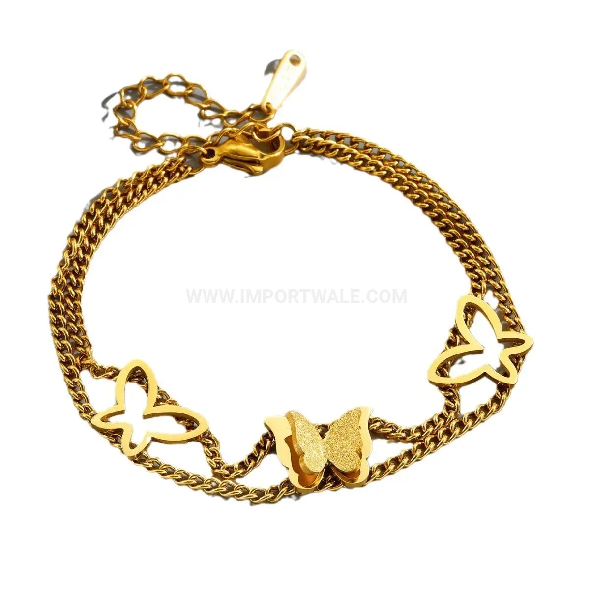 Gold Plated Layered Hollow Butterfly Charm Stainless Steel Bracelet
