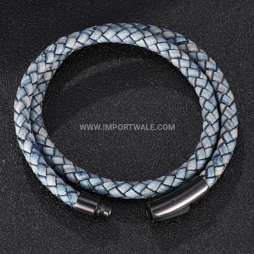 Double-Wrap Leather Wristband with Stainless Steel Clasp