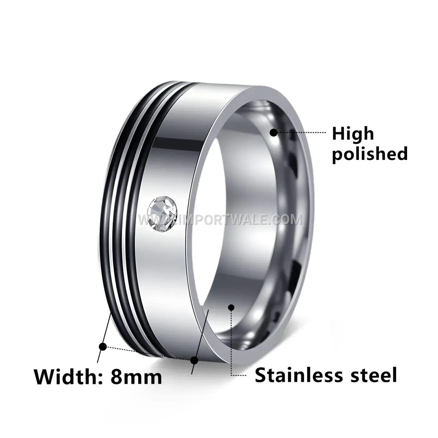 Grooved Stainless Steel Band Ring Inlaid with Cubic Zirconia