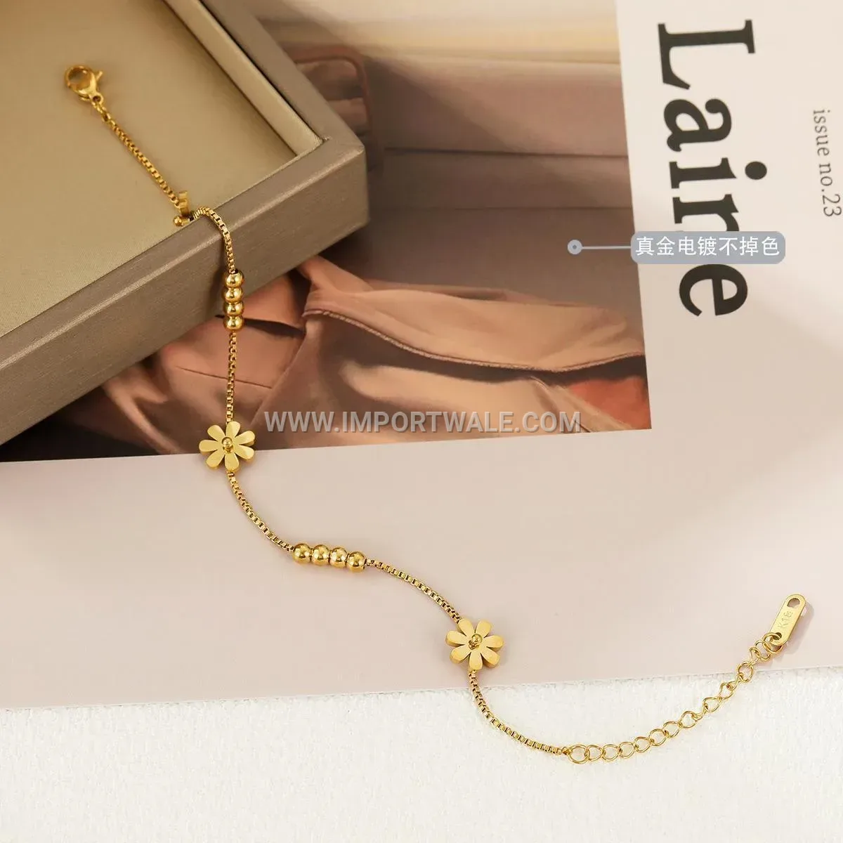 Titanium Steel Daisy Charm Beaded Box Chain Anklet
