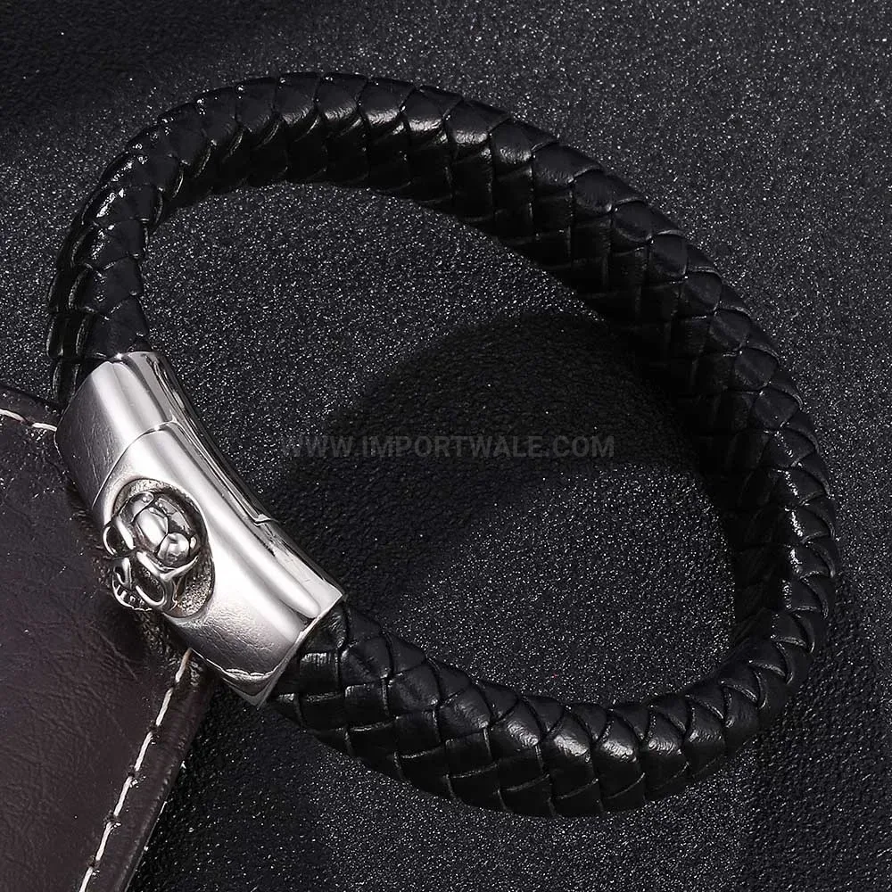 Skull Accent Braided Leather Stainless Steel Men Bracelet