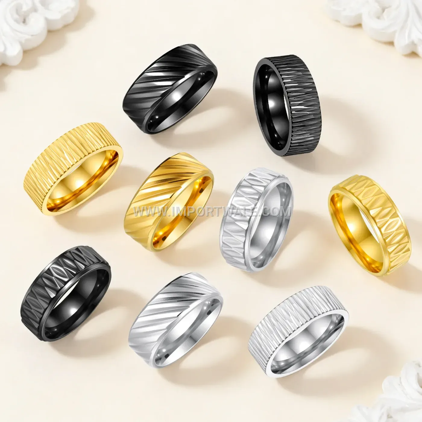 Textured Geometric Stainless Steel Band Ring with Polished Finish