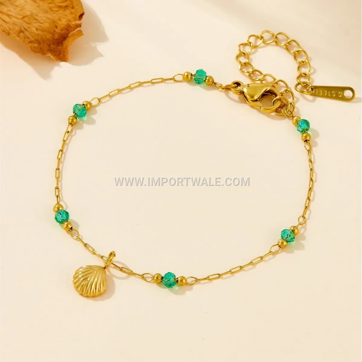Gold Plated Stainless Steel Green Stone Shell Anklet