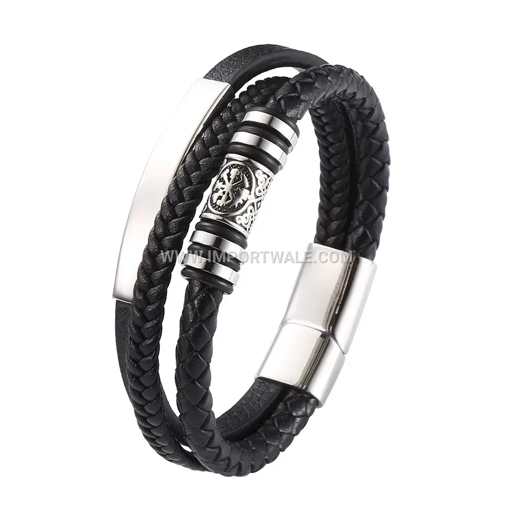 Viking Pattern Multi-Strand Braided Leather Steel Bracelet