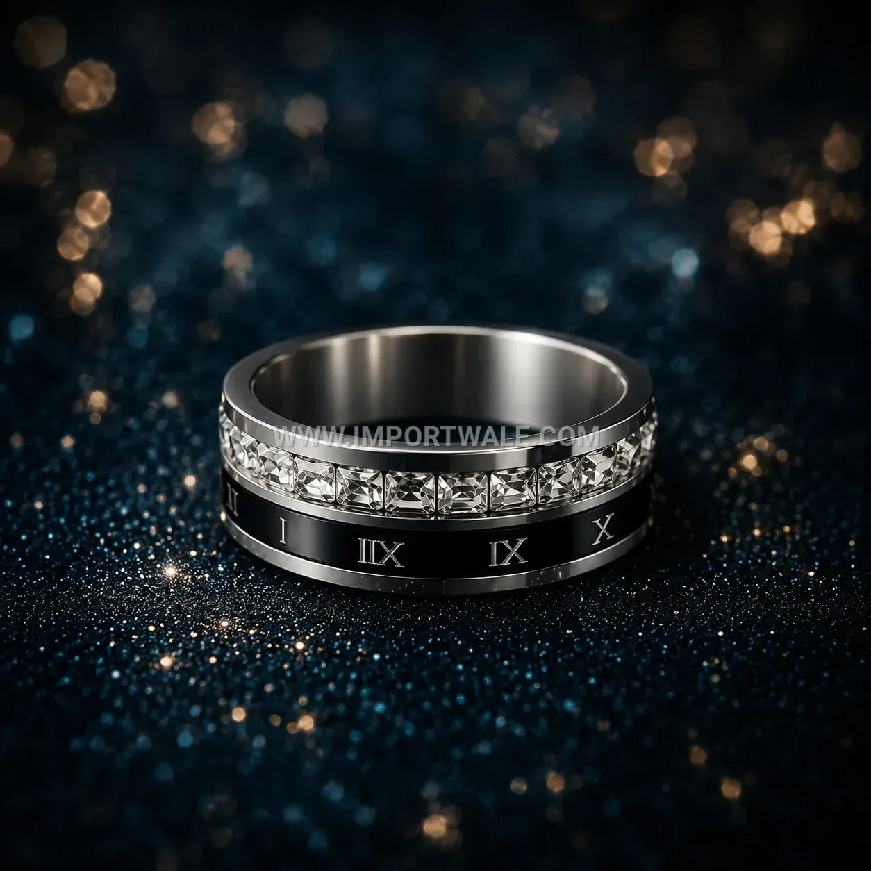 Roman Numeral Rhinestone Stainless Steel Spinner Band Ring