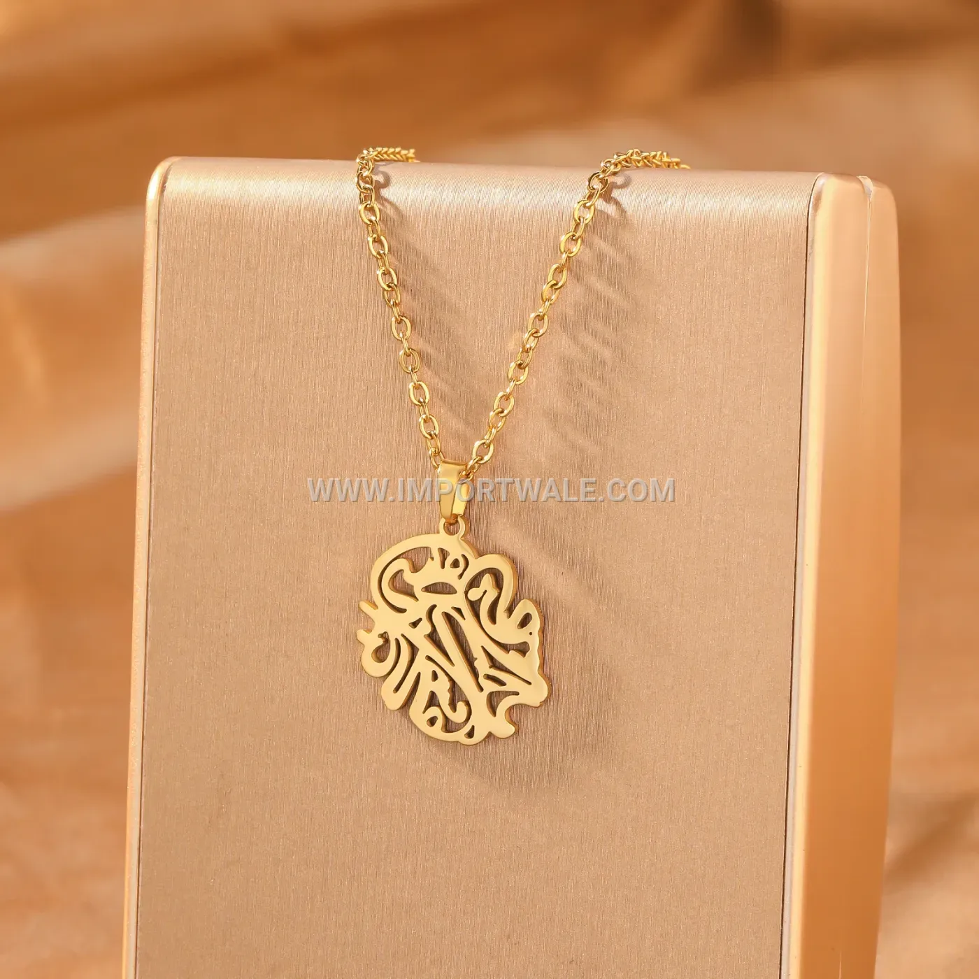 Hollow Gold Plated Arabic Calligraphy Stainless Steel Pendant Necklace