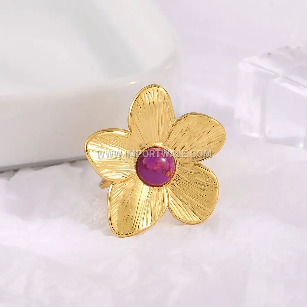 Gold Plated Floral Turquoise Stainless Steel Adjustable Ring