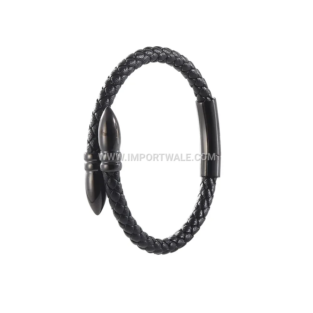 Bullet-Detail Leather Wristband with Stainless Steel Clasp