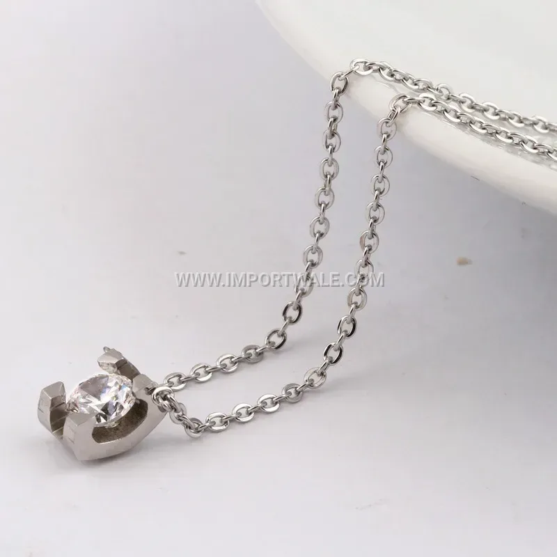 Rose Gold Stainless Steel Square Cubic Zirconia Pendant Necklace
