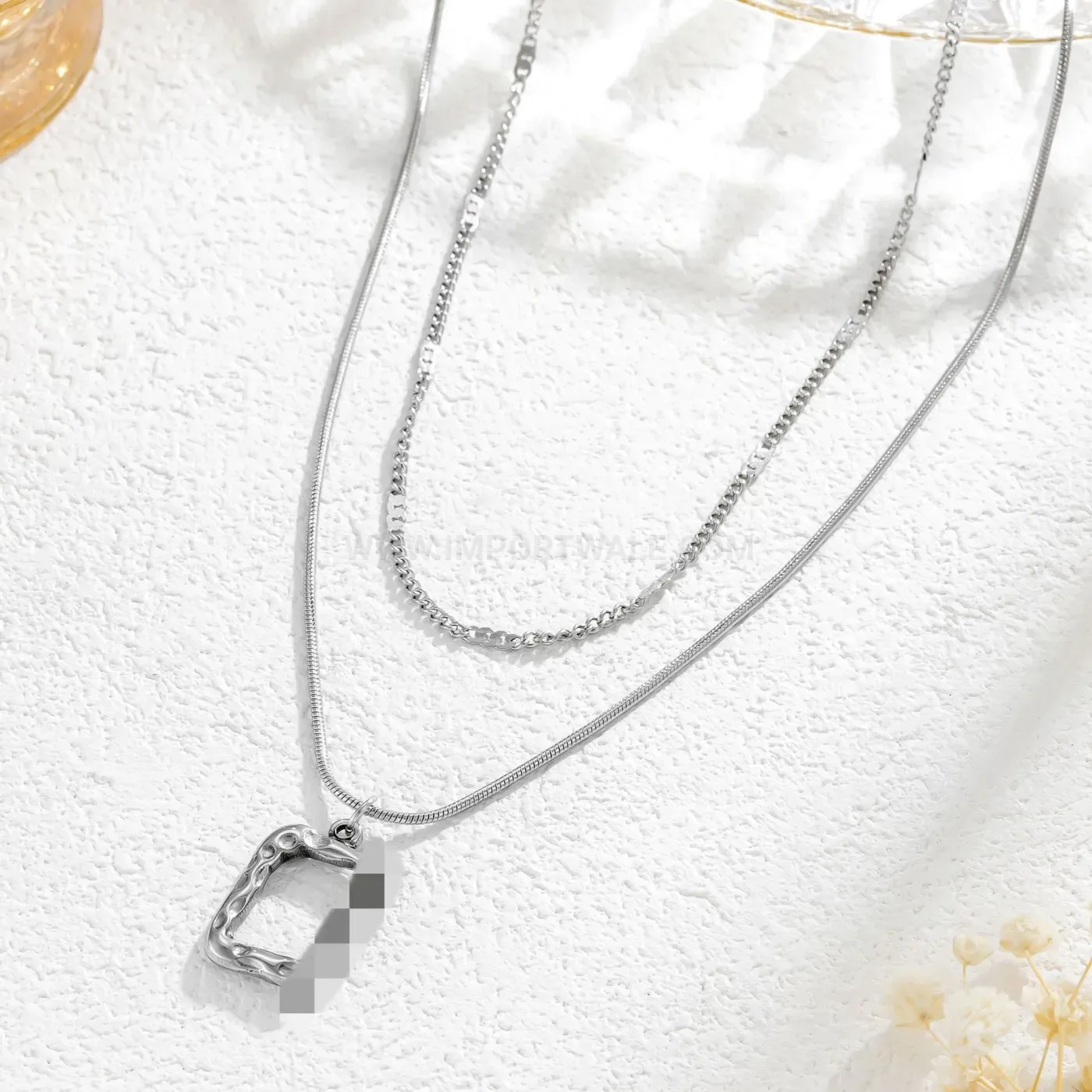 Bold Minimalist Double Strand Stainless Steel Geometric Box Pendant Necklace