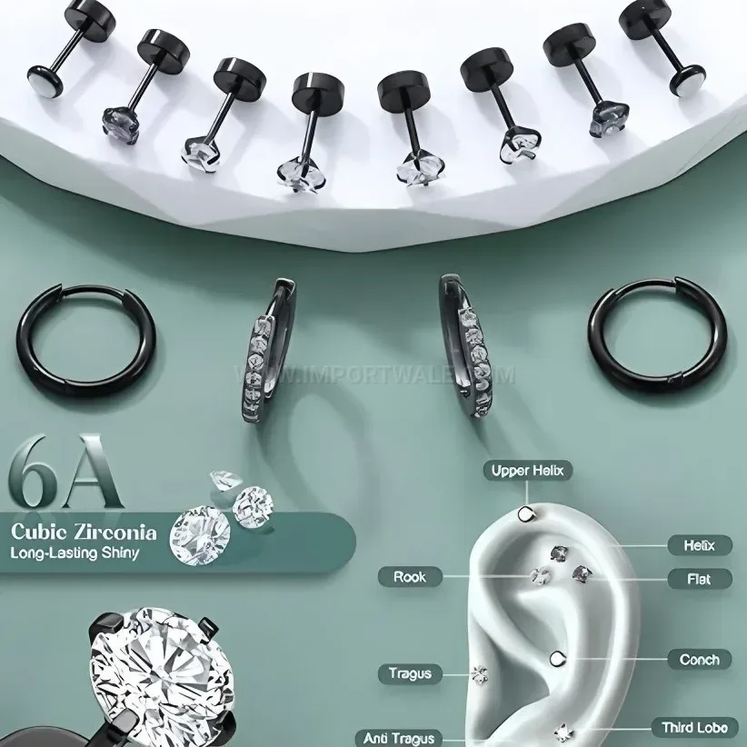 Fashion Stainless Steel Zircon Hoop And Stud Ear Piercing Set