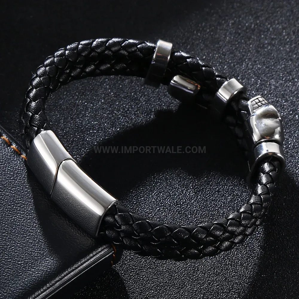Classic Braided Leather Skull Clasp Steel Bracelet