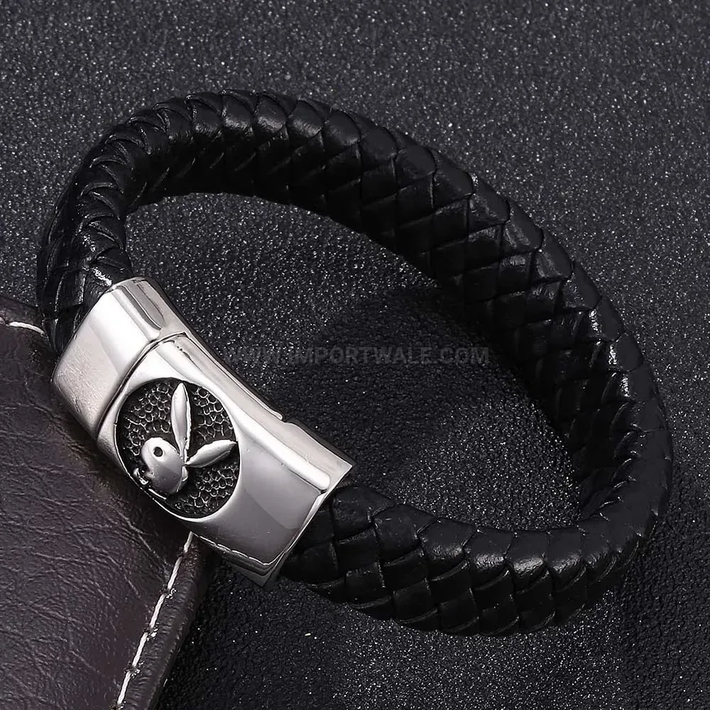 Vintage Rabbit Clasp Stainless Steel Leather Bracelet