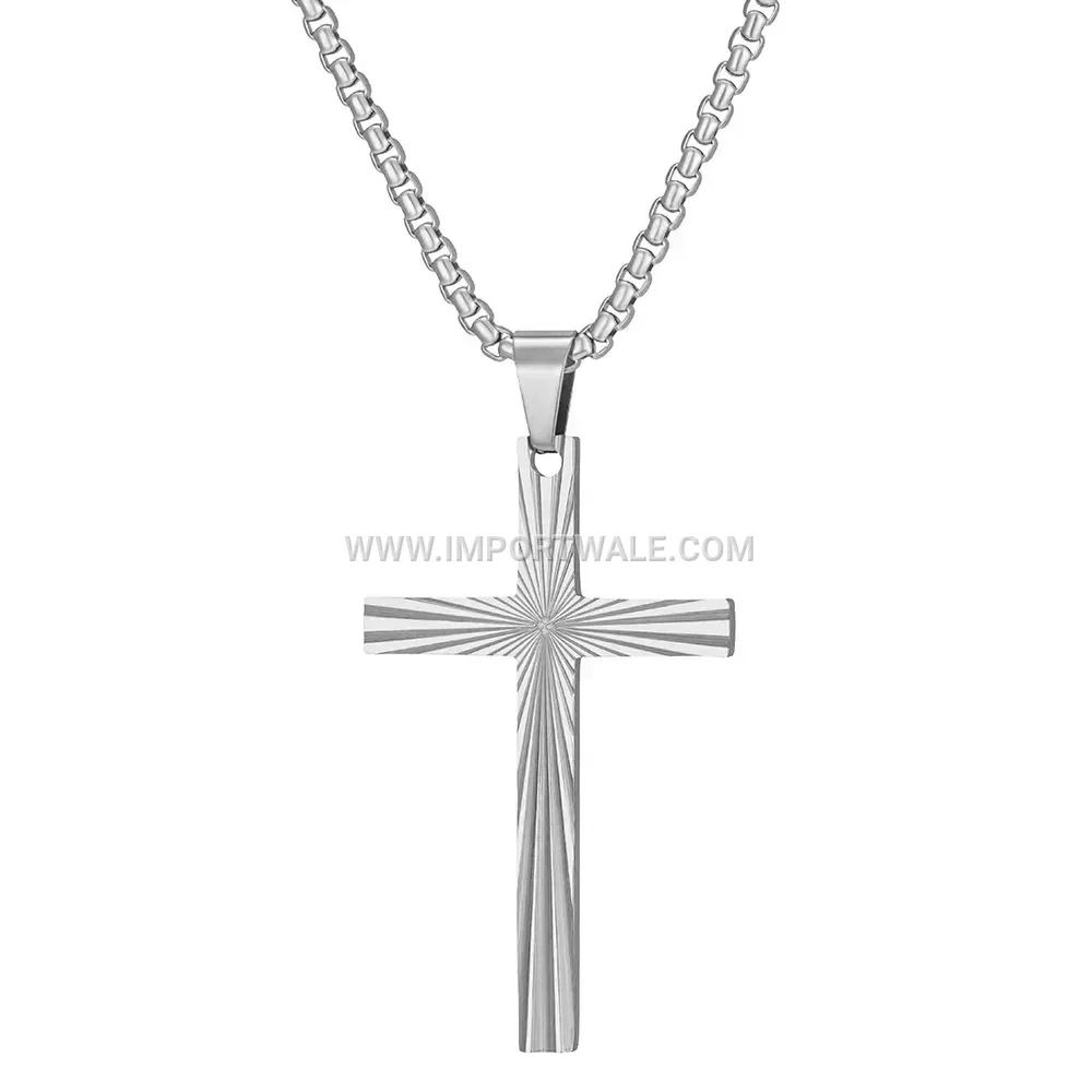 Vintage Striped Stainless Steel Cross Pendant Necklace